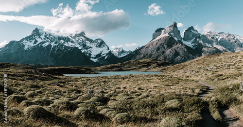 Beautiful view of Torres del Paine National Park of chile with snowy mountains in the background