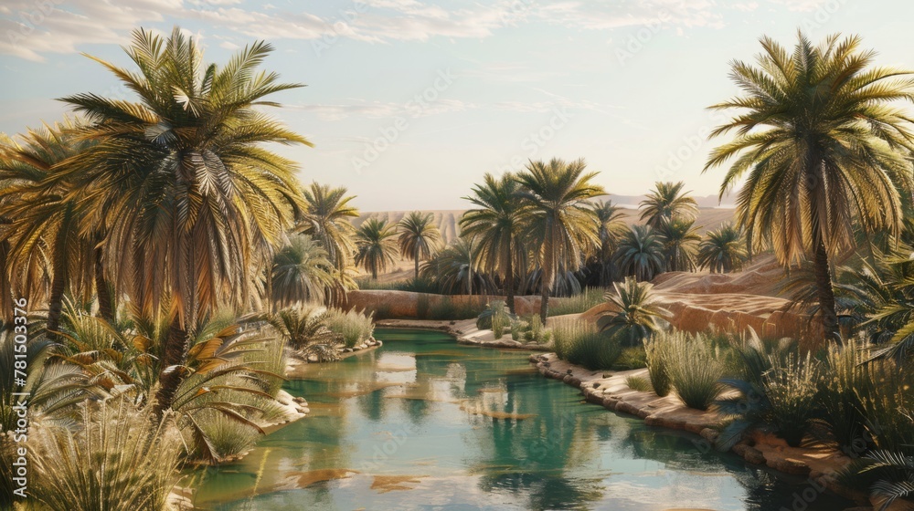 Oasis of Serenity: Palm Trees Surrounding a Tranquil Desert Pond with Intricate Water Patterns