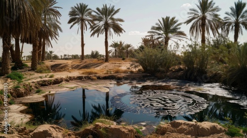 Oasis of Serenity: Palm Trees Surrounding a Tranquil Desert Pond with Intricate Water Patterns © Amal