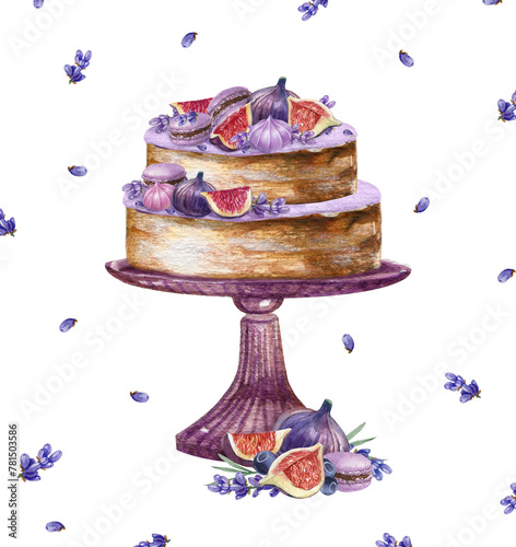 Watercolor wedding cake. Valentines day dessert sweets. Birthday cake decorated by lavender flowers, berries,macaroons, figs, isolated on white background.