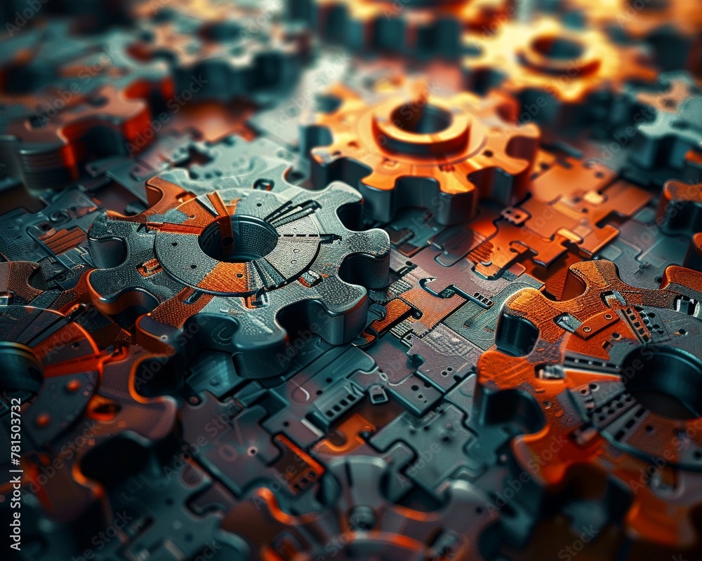 a business strategy and planning session, symbolized by interconnected gears and puzzle pieces Infuse the image with a sense of teamwork, precision a business strategy and planning session, symbolized by interconnected gears and puzzle pieces Infuse the image with a sense of teamwork, precision