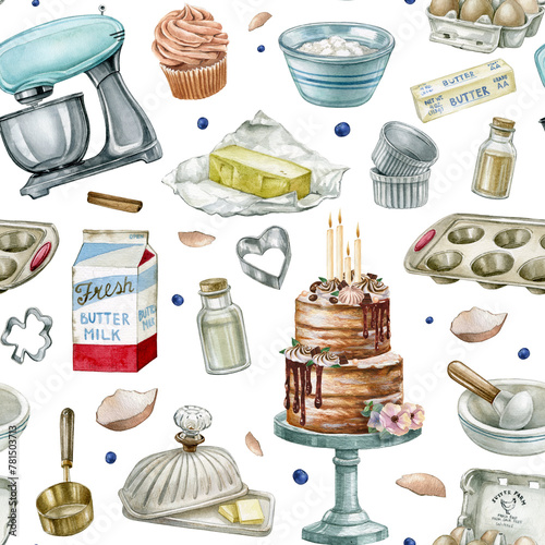 Baking tools and products seamless pattern isolated on white background. Hand drawn bakery background. Watercolor  illustration with cakes for design menus, recipes and packages product.