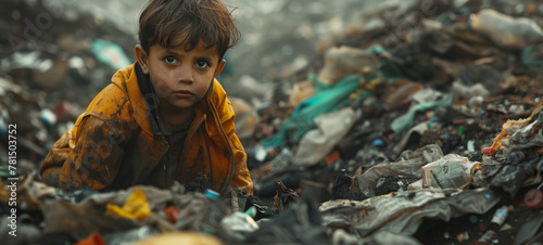 In the midst of a sprawling landfill, a child sifts through mountains of garbage, their innocent face a poignant contrast to the surrounding filth photo