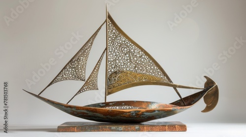 Elegant Wooden Sailboat Model with Intricate Metal Sails, Perfect for Nautical Decor photo