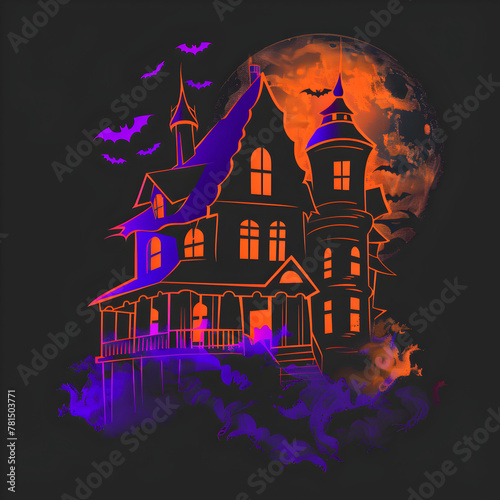 Haunted house neon silhouette surrounded by fog and bats isolated on black background.