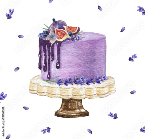 Watercolor violet wedding cake. Valentines day dessert sweets. Birthday cake decorated by lavender flowers, blueberries, figs