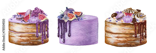 Watercolor wedding cakes set. Valentines day dessert sweets. Birthday cake collection decorated by lavender flowers, berries,macaroons, figs, isolated on white background.
