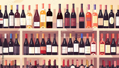 Fine Wines in Wine Cellar: A collection of fine wines including reds, whites, and rosés elegantly arranged on wine racks in a wine cellar or wine shop