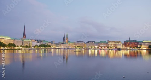 Panorama of Hamburg Skyline Reflecting on Alster Lake