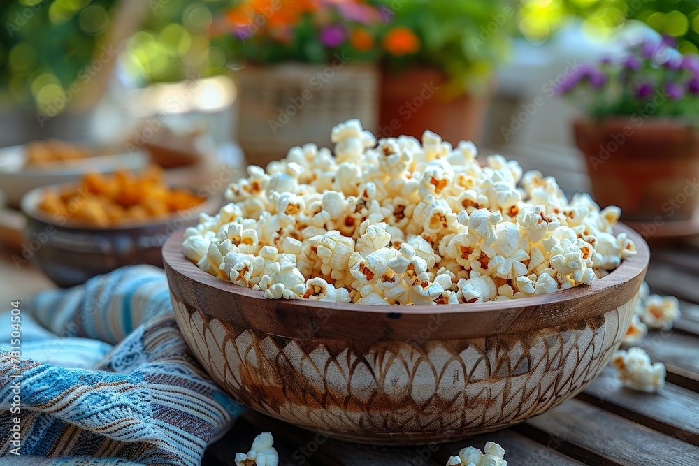 An inviting image of a bowl of freshly popped popcorn ready for munching on a cozy outdoor setup with plants An inviting image of a bowl of freshly popped popcorn ready for munching on a cozy outdoor setup with plants