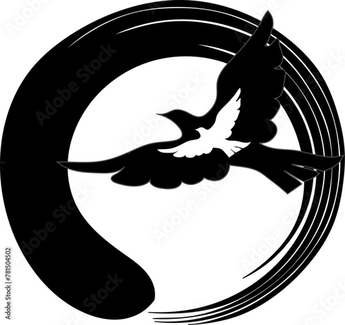 Ensō, a sacred Zen Buddhism symbol “The Circle of Enlightenment and two birds flying towards it, over it. Vector tattoo design, wall art, unique background