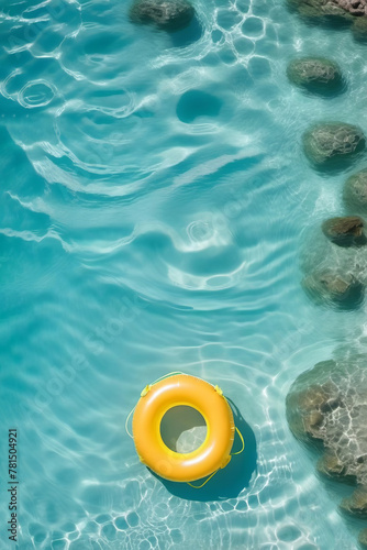 Yellow inflatable ring on clear beautiful water. Summer time concept. Template, copy space, rest, vacation.