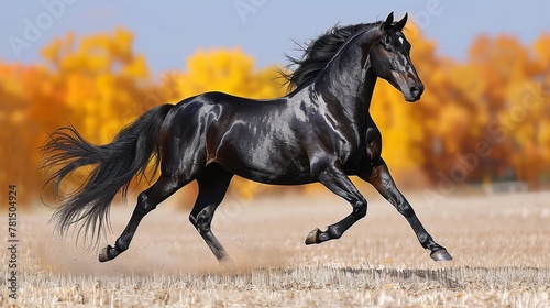   A black horse gallops through a field of dried grass In the backdrop  trees don with yellow and orange leaves stand still