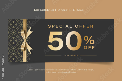 Black and golden Gift voucher coupon discount with Gold ribbon Luxury modern, promotion for luxury hotel resort and spa travel, elegant beauty, clinic, cosmetic, e-commerce promotion, vector template