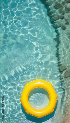 Yellow inflatable ring on clear beautiful water. Summer time concept. Template, copy space, rest, vacation. #781505145
