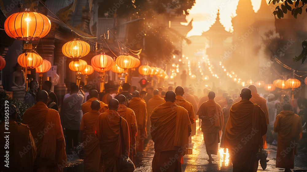 Fototapeta premium A photo of Buddhist monks leading a procession through the streets, carrying sacred relics and chanting sutras to commemorate Vesak Day