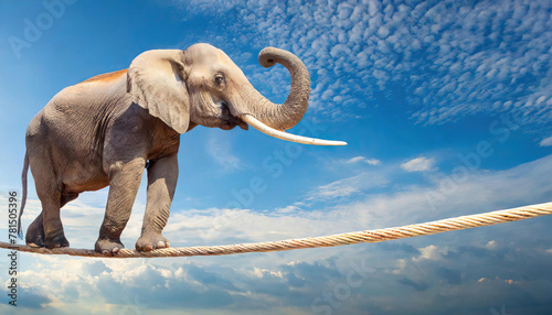 Elephant balancing on tightrope - Life balance, stability, concentration, risk, equilibrium concept photo