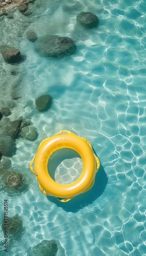 Yellow inflatable ring on clear beautiful water. Summer time concept. Template, copy space, rest, vacation. #781505514