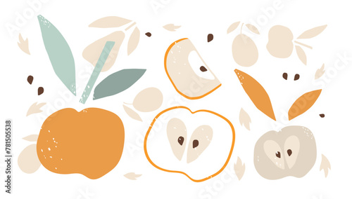Fototapeta Naklejka Na Ścianę i Meble -  Apple fruit set in Printmaking style. Abstract natural poster in pastel colors with raster texture effect. Hand-drawn apple For poster, banner, cover, postcards with abrasion, as when printing.