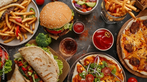 Top view of various fast foods on the table. National fast food day background concept. copy space. National Junk Food Day