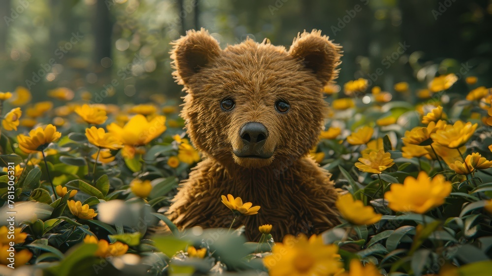 A brown bear sits in a field of yellow flowers Behind it, trees form a forest backdrop A brown bear sits in a field of yellow flowers Behind it, trees form a forest backdrop