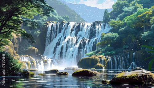 The majestic waterfall cascades down the rocks  its roar filling the valley below