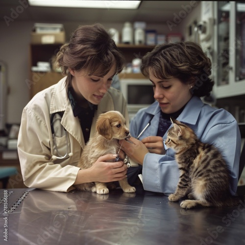 A compassionate moment in a vet clinic a puppy and kitten receive care, showcasing the dedication of veterinary professionals and the bond between pets and their caretakers