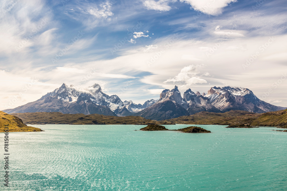 Mountain landscape with Grey Lake, Paine Grande and Cuernos del Paine, Torres del Paine national park, Chile
