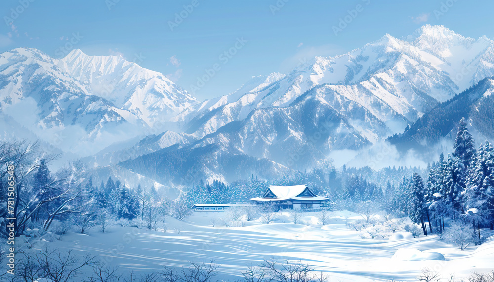 The snow covered mountains offer a breathtaking backdrop for a peaceful winter retreat