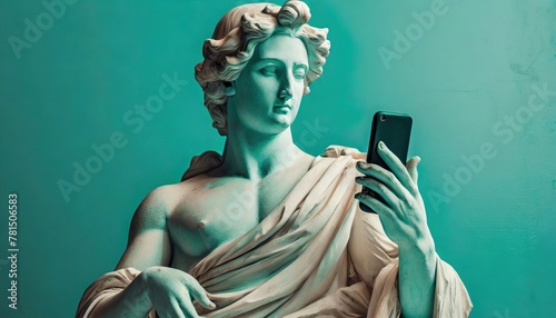 Classical Statue with a Modern Twist Holding a Smartphone, Turquoise Background  photo