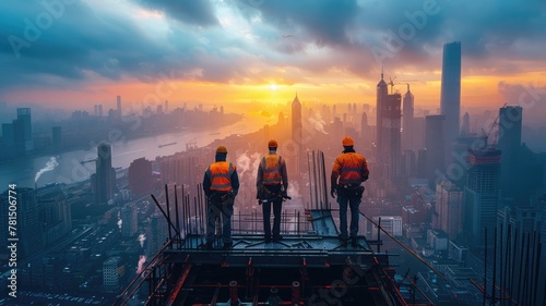 A group of construction workers are standing on a building's roof