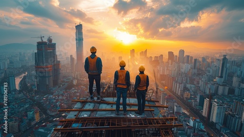 A group of construction workers are standing on a building's roof photo