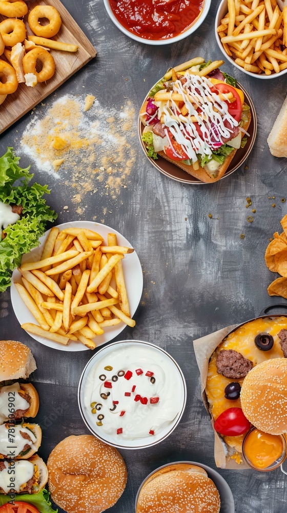 Unhealthy fast food with sauces on wooden table. Top view of various fast foods on the table. National fast food day background concept. copy space. National Junk Food Day Unhealthy fast food with sauces on wooden table. Top view of various fast foods on the table. National fast food day background concept. copy space. National Junk Food Day