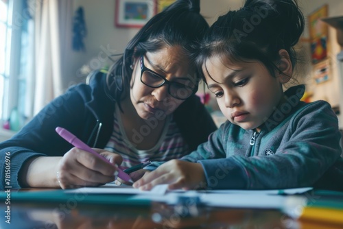 A mother helping her child with homework, their faces focused and determined as they tackle a challenging assignment together. Mother's Day.