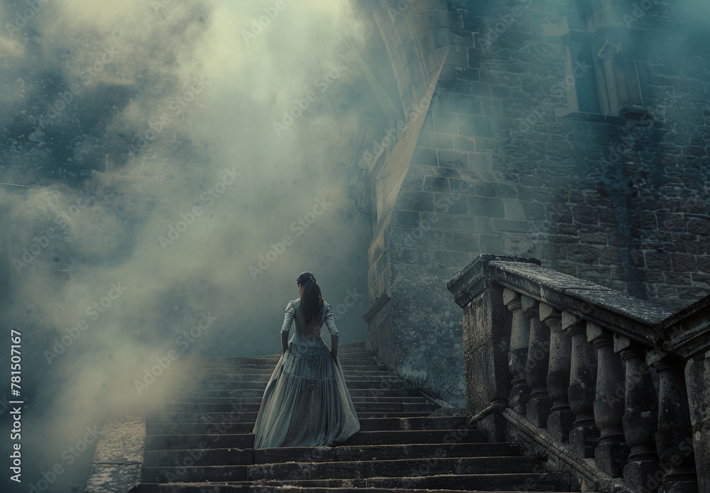 a woman in a long dress standing on a set of stairs in a foggy area - obrazy, fototapety, plakaty 