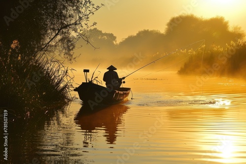 A fisherman casting his line from a boat at sunrise in the river, © Tanu