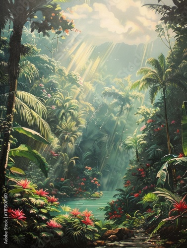 Lush Green Tropical Rainforest with Red Flowers  Sun Rays  and Lake