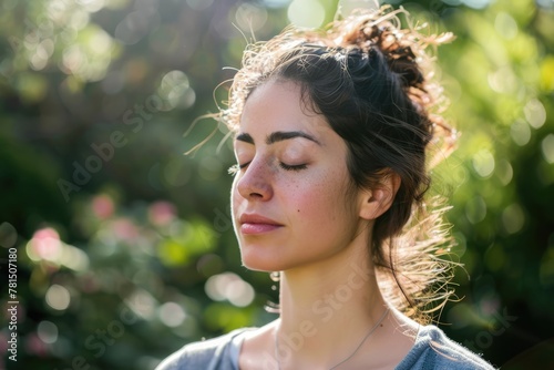 A woman meditating in a peaceful garden, with serene face and closed eyes in deep concentration as practicing mindfulness and stress reduction techniques.