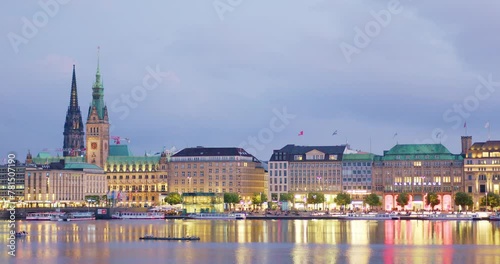 View of Hamburg Skyline With Illuminated Buildings