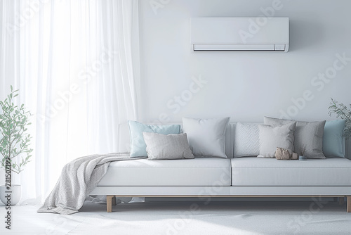 The air conditioner blows a cool breeze from the walls of the modern living room, providing relief from the summer heat. The concept of building facilities that provide a comfortable life.