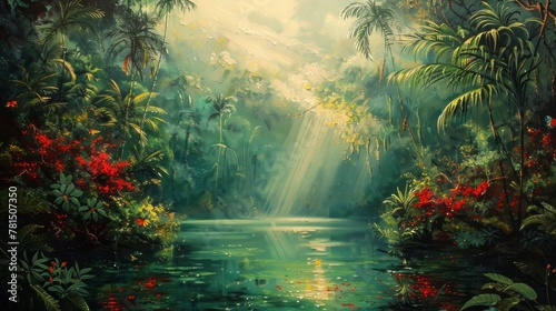 Lush Green Tropical Rainforest with Red Flowers, Sun Rays, and Lake