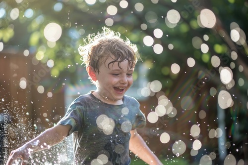 A young boy with a mischievous grin as he runs through a sprinkler in his backyard, droplets of water sparkling in the sunlight.