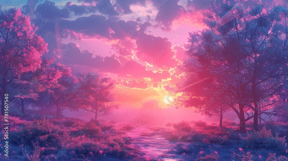 Fototapeta premium sunset on the forest with vaporwave tone color, suitable for wallpaper, poster. Generative AI