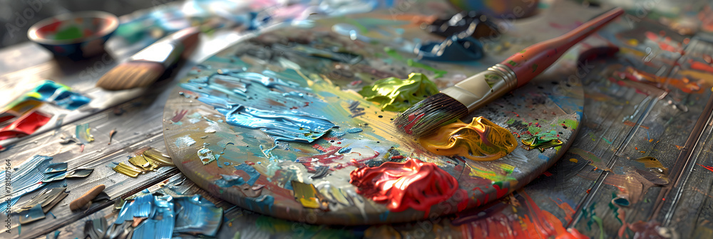 Fototapeta premium Vibrant colors mix on messy paint palette, Close-up of a paintbrush adding vibrant to a colorful oil painting.