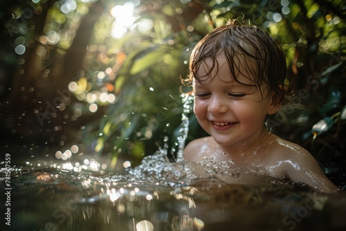 A toddler with rosy cheeks and sparkling eyes splashes joyfully in a shallow stream  surrounded by lush foliage and dappled sunlight filtering through the trees.