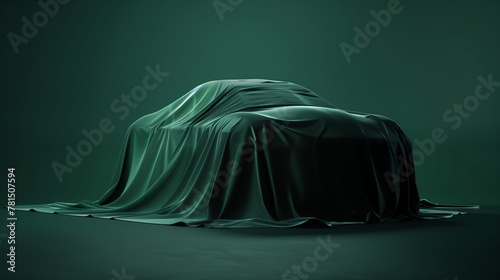 Luxurious car draped in fabric, unveiled in dark studio, 3D rendering. Expensive gift, realistic green presentation.