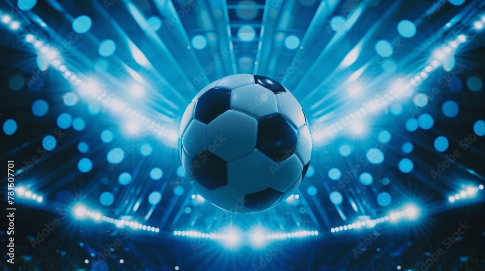 Fototapeta premium Soccer ball with blurred stadium in the Illustration of a soccer ball with blurred stadium in the background surrounded by dazzling lights