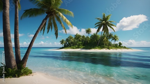 "A small deserted island depicted in a photorealistic style. The scene is outdoors, showcasing a serene tropical setting with lush palm trees on the island. Surrounding the island is the expansive oce