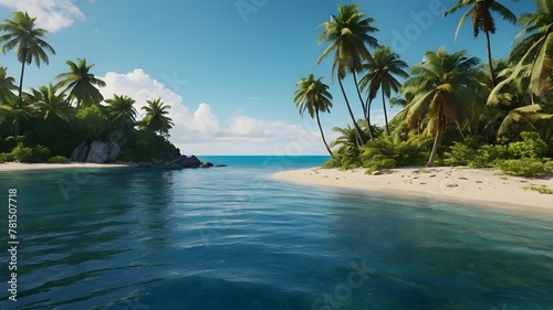 "A small deserted island depicted in a photorealistic style. The scene is outdoors, showcasing a serene tropical setting with lush palm trees on the island. Surrounding the island is the expansive oce © Sabir