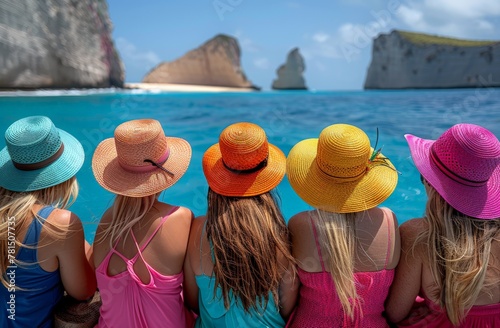 A quintet of women dressed in vibrant summer attire, gazing upon seaside cliffs, viewed from the back